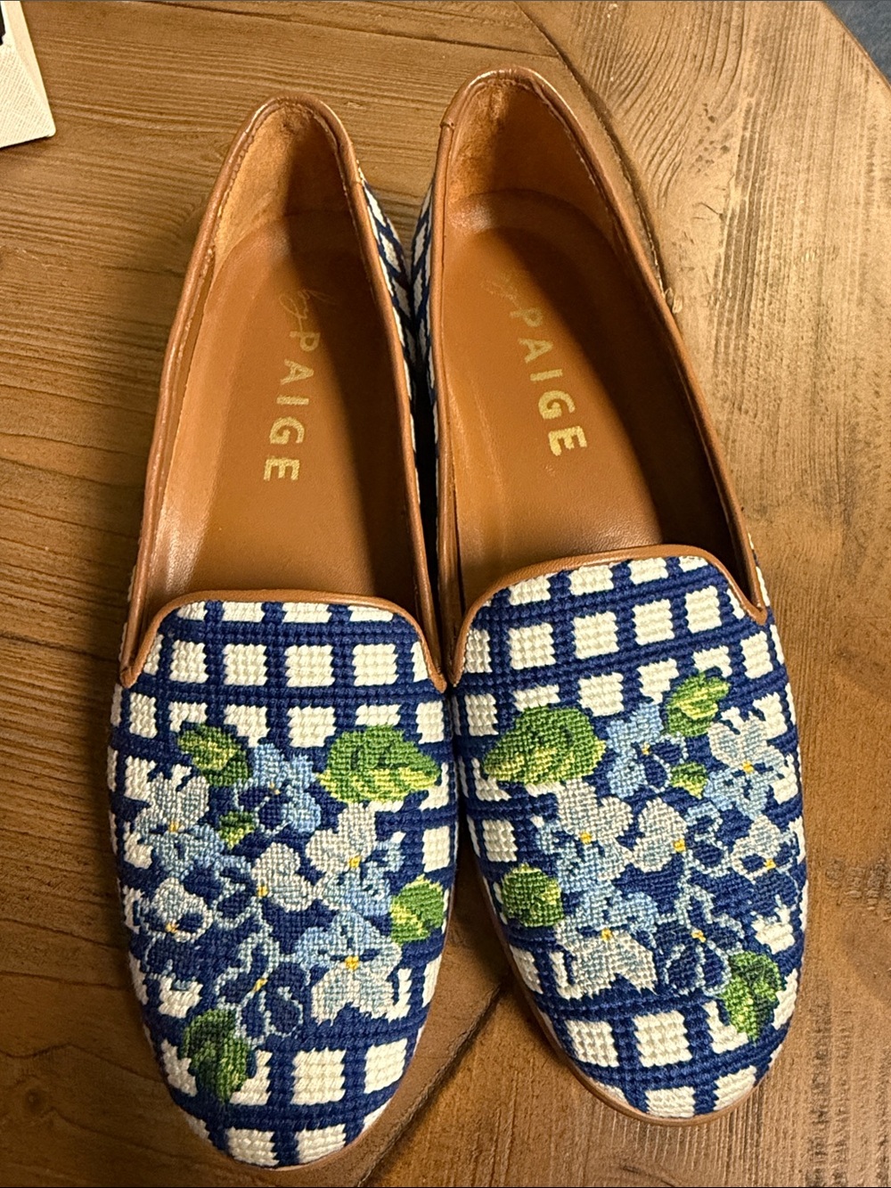 PAIGE Blue Gingham Floral Embroidered Loafers with Tan Trim
